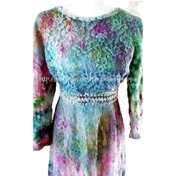 VINTAGE 70S CUSTOM DIP DYED LACE SEQUIN RICK RAC DRESS SZ S M - Picture 6 of 11